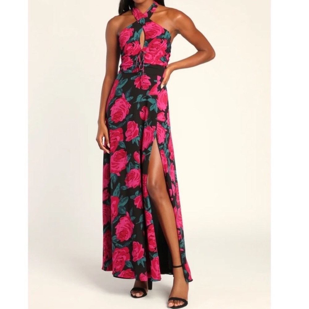 NWOT Lulus Fiercely Flowery Black Floral Print Ruched Halter Maxi Dress Medium